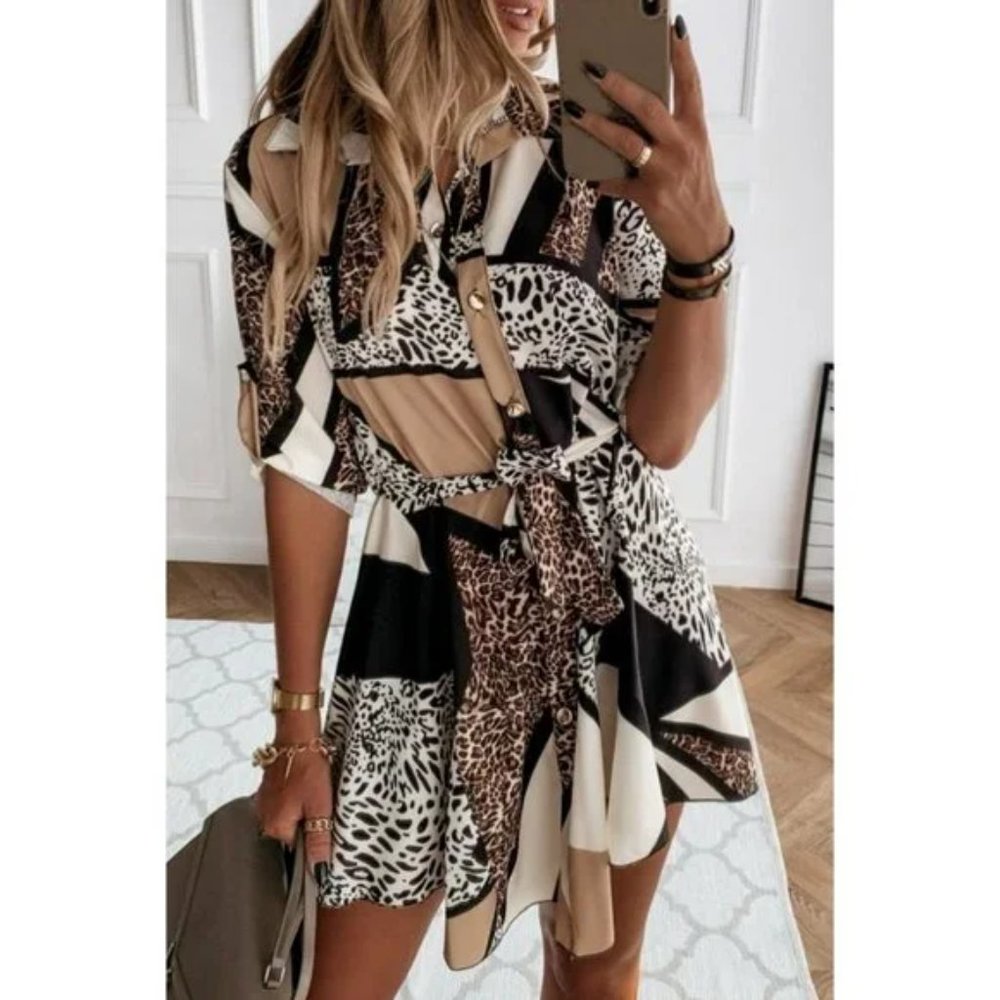 Leopard Print Abstract Print Long Roll Tab Sleeve Loose Fit Mini Shirt Dress - Picture 10 of 13